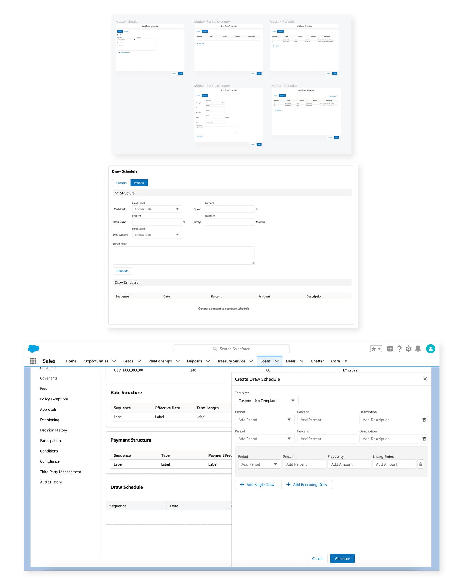 Three interaction patterns explored for draw schedule editing